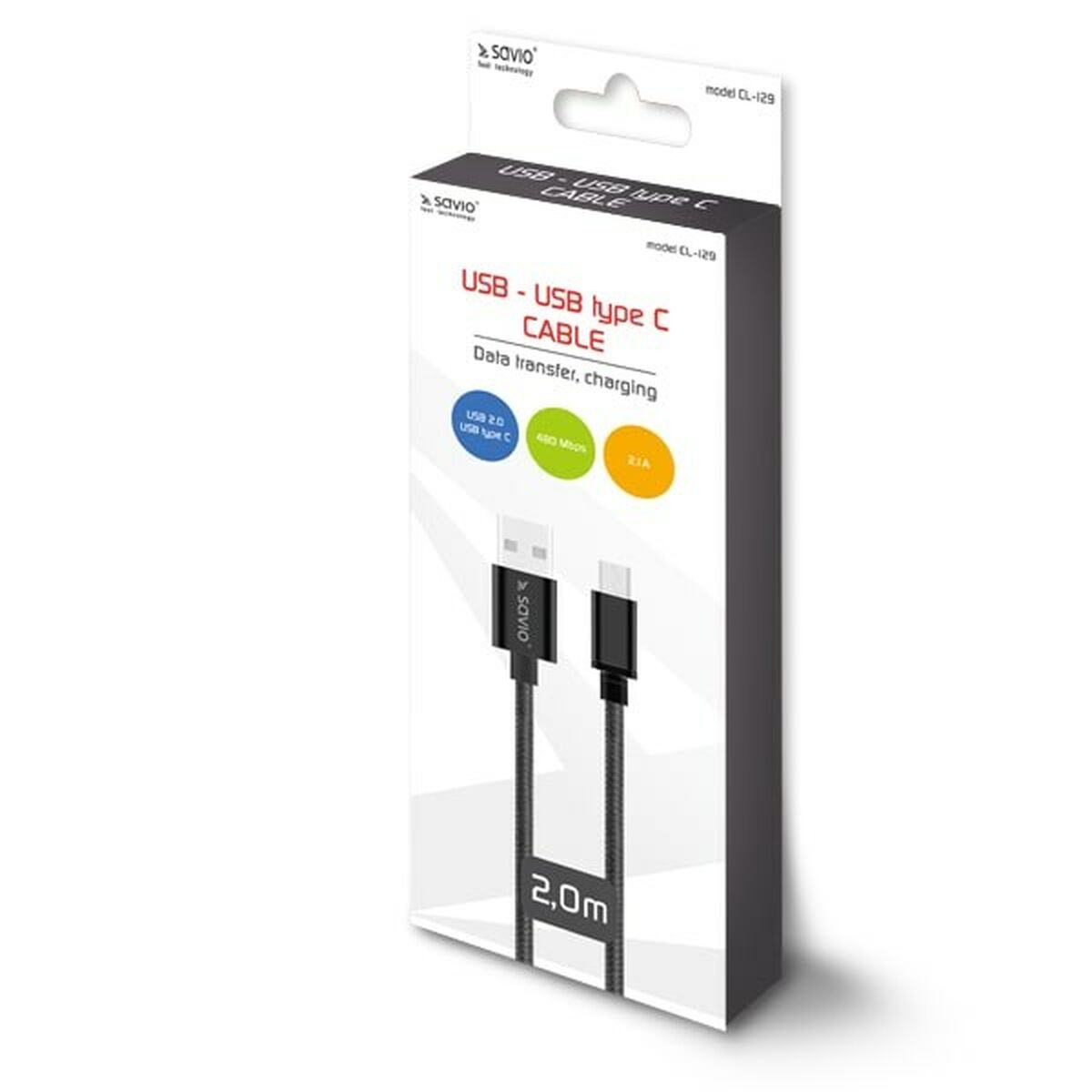 USB A til USB C Kabel Savio CL-129 Svart 2 m